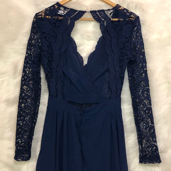 Navy Blue Long Sleeve Lace Maxi Dress - Picture 5 of 6
